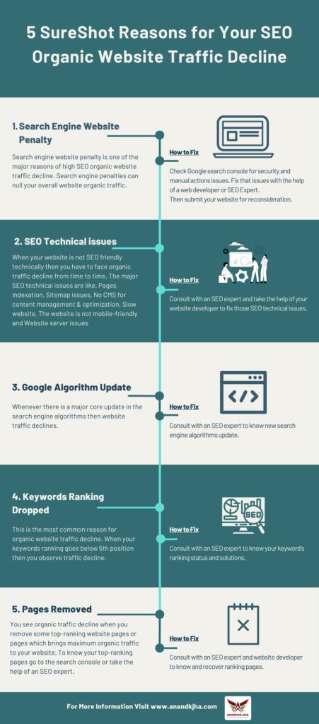 5 SureShot Reasons for Your Website SEO Organic Traffic Decline Infographic