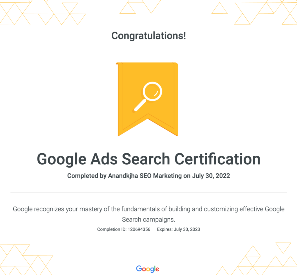 Google search ads certification to Anandkjha best ppc expert india