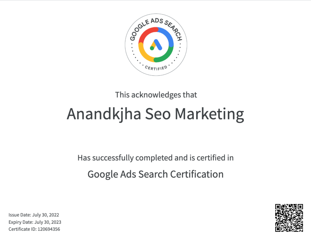 Google Ads Search Certification to Anandkjha- best ppc expert in india best seo expert in india