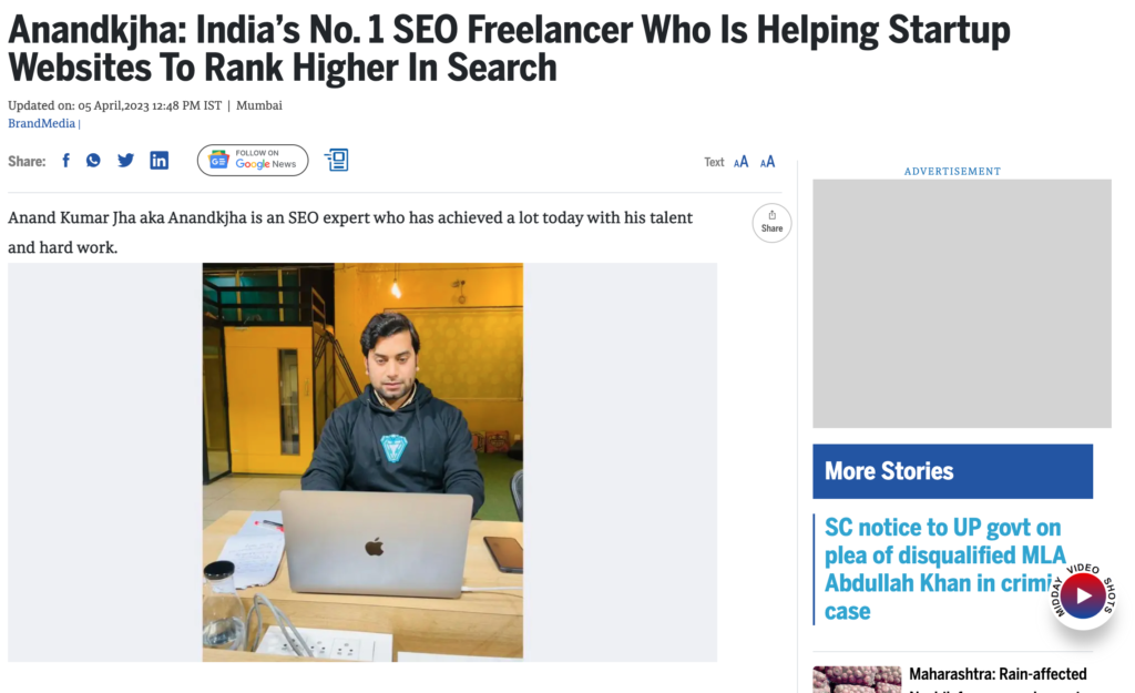Anandkjha featured on Midday News as India's No.1 SEO freelancer